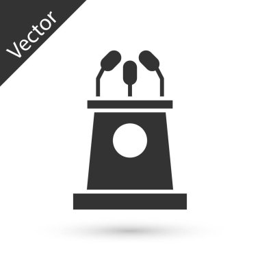 Gri sahne standı ya da münazara kürsüsü kürsüsü ikonu beyaz arka planda izole edilmiş. Konferans konuşma tribünü. Vektör İllüstrasyonu