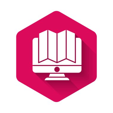 Ormanın beyaz konumu, uzun gölgeli izole edilmiş monitör simgesindeki bir haritada. Pembe altıgen düğmesi. Vektör İllüstrasyonu