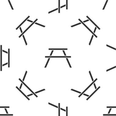 Masa simgesinin her iki tarafında sıraları olan gri piknik masası beyaz arka planda izole edilmiş pürüzsüz desen. Vektör İllüstrasyonu