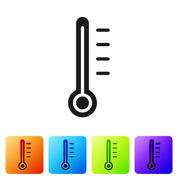 黑色气象学温度计测量在白色背景下隔离的图标 显示炎热或寒冷天气的温度计设备 在彩色正方形按钮中设置图标 病媒图解 — 图库矢量图片