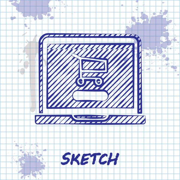 Sketch Line Panier Achat Sur Écran Icône Ordinateur Portable Isolé — Image vectorielle
