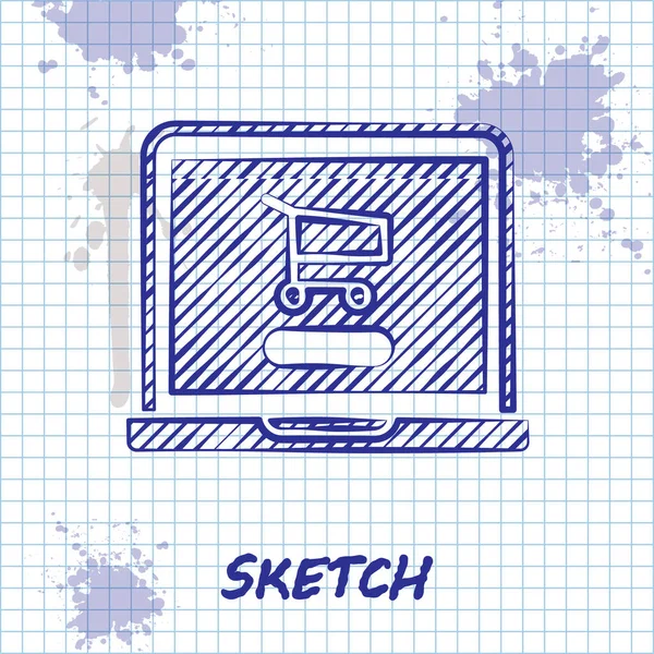 Sketch Line Carrinho Compras Tela Ícone Laptop Isolado Fundo Branco —  Vetores de Stock