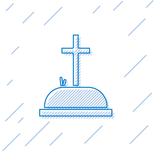 Blaue Linie Grabstein Mit Kreuz Symbol Isoliert Auf Weißem Hintergrund — Stockvektor