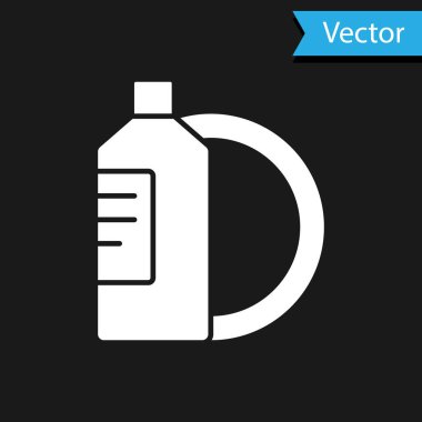 Siyah arka planda beyaz bulaşık deterjanı ve tabak ikonu var. Bulaşık yıkamak için sıvı deterjan. Vektör İllüstrasyonu