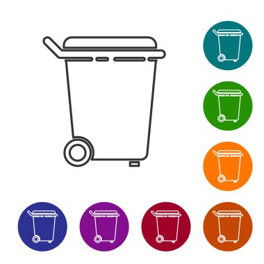 Siyah çizgi Çöp kutusu simgesi beyaz arkaplanda izole edildi. Çöp kutusu tabelası. Sepet simgesini geri dönüştür. Ofis çöpü ikonu. Simgeleri renk daire düğmelerine ayarla. Vektör İllüstrasyonu
