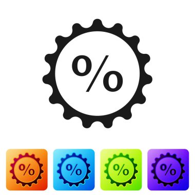 Siyah İndirim etiketi simgesi beyaz arkaplanda izole edildi. Etiket alışverişi. Özel teklif işareti. İndirim kuponları sembolü. Renkli kare düğmelerle simgeleri ayarla. Vektör İllüstrasyonu