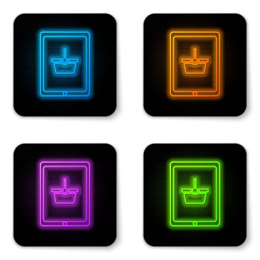 Ekran tableti simgesinde parlayan neon alışveriş sepeti beyaz arkaplanda izole edildi. Konsept e-ticaret, e-ticaret, online iş pazarlama. Siyah kare düğme. Vektör İllüstrasyonu