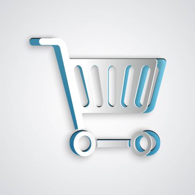 Kağıt kesiği, gri arka planda izole edilmiş alışveriş arabası simgesi. İnternetten satın alma konsepti. Servis tabelası. Süpermarket sepeti sembolü. Kağıt sanatı tarzı. Vektör İllüstrasyonu