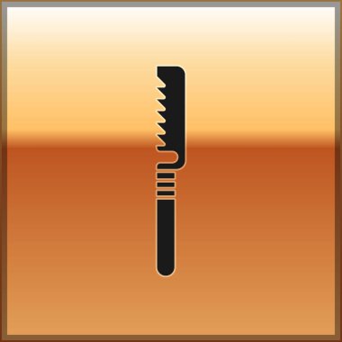 Siyah tıp ikonu altın arka planda izole edilmiş. Kemik kesmek, uzuv kesmek ve kemik nakli için cerrahi testere tasarlandı. Vektör İllüstrasyonu