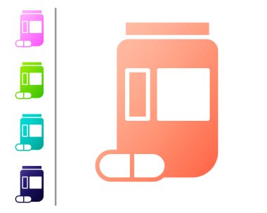 Mercan tıp şişe ve hap simgesi beyaz arka planda izole. Şişe hap işareti. Eczane tasarımı. Renk simgeleri ayarlayın. Vektör Illustration