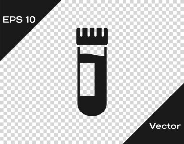 Şeffaf arkaplanda kan ikonu olan siyah test tüpü ya da matara. Laboratuvar, kimyasal, bilimsel cam levha. Vektör İllüstrasyonu