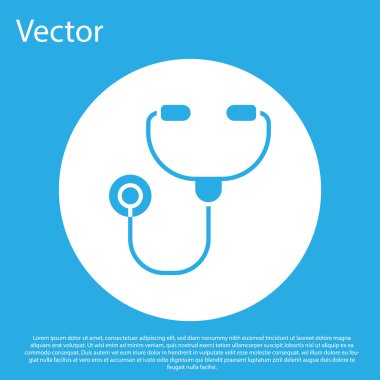 Mavi steteskop tıbbi alet ikonu mavi arka planda izole edildi. Beyaz daire düğmesi. Vektör İllüstrasyonu