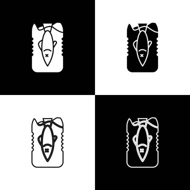 Stop okyanus plastik kirliliği simgesini siyah ve beyaz arkaplanda izole et. Çevre koruma kavramı. Balıklar plastiğe hayır der. Vektör İllüstrasyonu