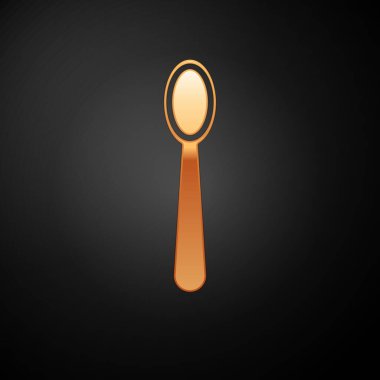 Siyah arka planda izole edilmiş tek kullanımlık altın plastik kaşık ikonu. Vektör İllüstrasyonu
