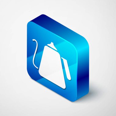 Kabza simgesi gri arkaplanda izole edilmiş Isometric Kettle. Çaydanlık ikonu. Mavi kare düğme. Vektör İllüstrasyonu