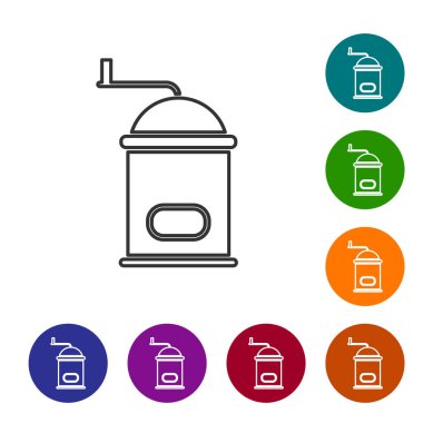 Siyah çizgi manuel kahve öğütücü simgesi beyaz arkaplanda izole edilmiş. Simgeleri renk daire düğmelerine ayarla. Vektör İllüstrasyonu