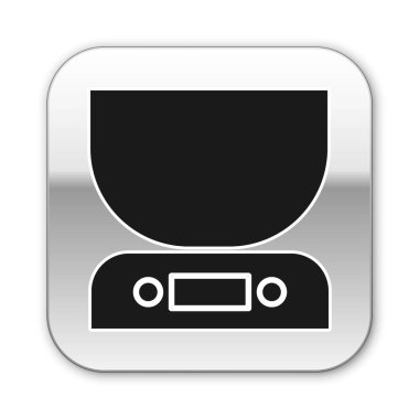 Siyah Elektronik ölçek simgesi beyaz arkaplanda izole edildi. Ağırlık ölçüm aletleri. Gümüş kare düğme. Vektör İllüstrasyonu