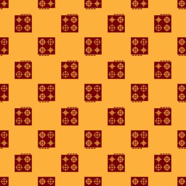 Kırmızı Gaz fırın simgesi kahverengi arka planda izole edilmiş. Mutfak tabelaları. Dört daire ocağı olan bir hob. Vektör İllüstrasyonu