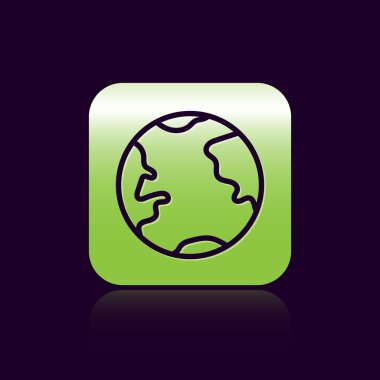 Siyah çizgi Dünya ikonu siyah arkaplanda izole edildi. Dünya ya da Dünya işareti. Küresel internet sembolü. Geometrik şekiller. Yeşil kare düğmesi. Vektör İllüstrasyonu