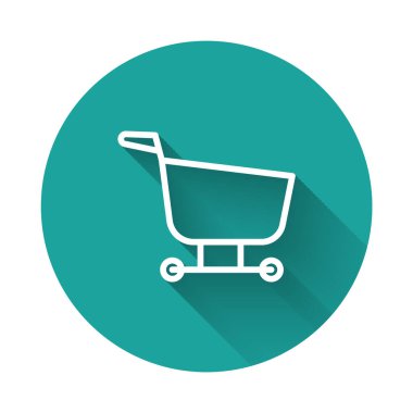 Uzun gölgeli beyaz çizgi alışveriş arabası ikonu. Yiyecek dükkanı, süpermarket. Yeşil daire düğmesi. Vektör İllüstrasyonu