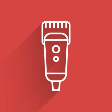 Uzun gölgeli beyaz çizgi elektrikli saç kırpıcısı ya da tıraş ikonu. Berber dükkanı sembolü. Vektör İllüstrasyonu