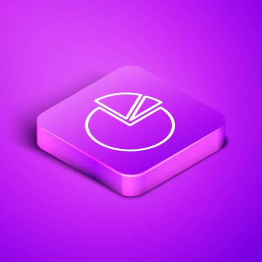 Mor arkaplanda izole edilmiş Isometric line Pie grafik ikonu. Diyagram çizelgesi. Mor kare düğme. Vektör İllüstrasyonu