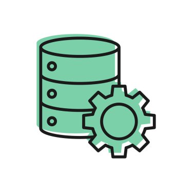 Siyah çizgi Server ve dişli simgesi beyaz arka plan üzerinde izole. Uygulama, servis konsepti, ayar seçenekleri, bakım, onarım, sabitleme ayarlama. Vektör İllüstrasyonu