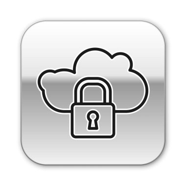 Siyah çizgi bilgisayar kilidi simgesi beyaz arkaplanda izole edildi. Güvenlik, güvenlik, koruma kavramı. Kişisel verilerin korunması. Gümüş kare düğme. Vektör İllüstrasyonu