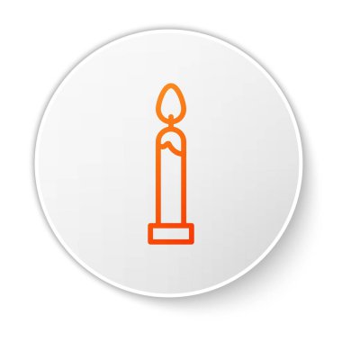 Beyaz arkaplanda turuncu çizgi yanan mum simgesi izole edildi. Silindirik mum çubuğu ve yanan ateş. Beyaz daire düğmesi. Vektör İllüstrasyonu