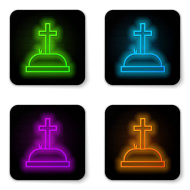 Beyaz zemin üzerinde çapraz simge izole edilmiş parlak neon çizgisi Tombstone. Mezar ikonu. Siyah kare düğme. Vektör İllüstrasyonu