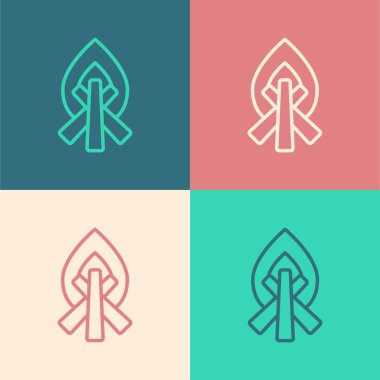 Pop Art Line Kamp Ateşi simgesi renk arkaplanında izole edildi. Odunla yanan şenlik ateşi. Vektör İllüstrasyonu