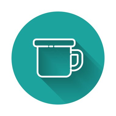 Kamp yapan beyaz çizgi metal sabıka simgesi uzun gölgeli. Yeşil daire düğmesi. Vektör İllüstrasyonu