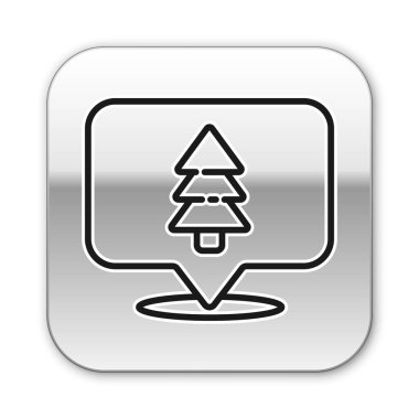 Ormanın, beyaz arka planda izole edilmiş bir haritadaki siyah çizgi konumu. Gümüş kare düğme. Vektör İllüstrasyonu