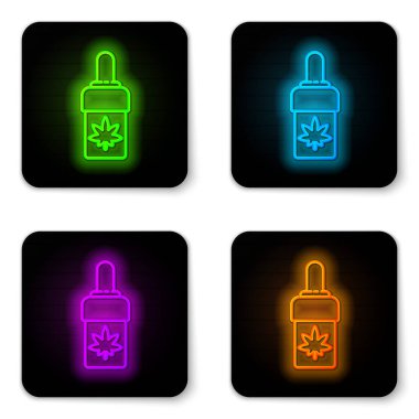 Parlayan neon çizgisi Beyaz arka planda izole edilmiş tıbbi marihuana veya kenevir yaprağı zeytinyağı damlası ikonu. Esrar özütü. Kenevir sembolü. Siyah kare düğme. Vektör İllüstrasyonu
