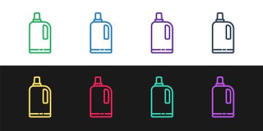 Çizgi yumuşatıcı simgesini siyah ve beyaz arkaplanda izole et. Sıvı çamaşır deterjanı, saç kremi, temizlik maddesi, çamaşır suyu. Vektör İllüstrasyonu