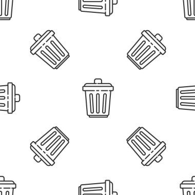 Gri çizgi çöp kutusu simgesi beyaz arka planda izole edilmiş kusursuz desen. Çöp kutusu tabelası. Sepet simgesini geri dönüştür. Ofis çöpü ikonu. Vektör İllüstrasyonu