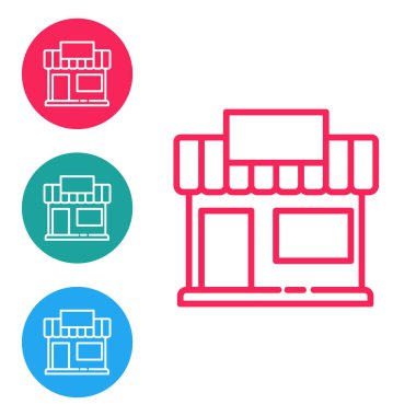 Kırmızı hat alışveriş binası veya market simgesi beyaz arka planda izole edildi. Dükkan inşaatı. Simgeleri daire düğmelerine ayır. Vektör İllüstrasyonu