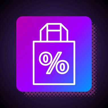 Siyah arkaplanda% 100 indirim simgesi olan beyaz çizgili Shoping torbası. El çantası işareti. Kare renk düğmesi. Vektör İllüstrasyonu