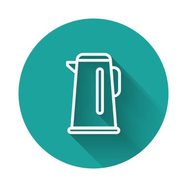 Uzun gölgeli beyaz çizgi Kettle. Çaydanlık ikonu. Yeşil daire düğmesi. Vektör İllüstrasyonu