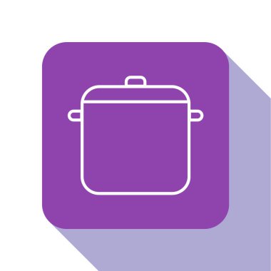 Beyaz çizgili tencere ikonu beyaz arka planda izole edildi. Haşlama ya da güveç besin sembolü. Mor kare düğme. Vektör İllüstrasyonu