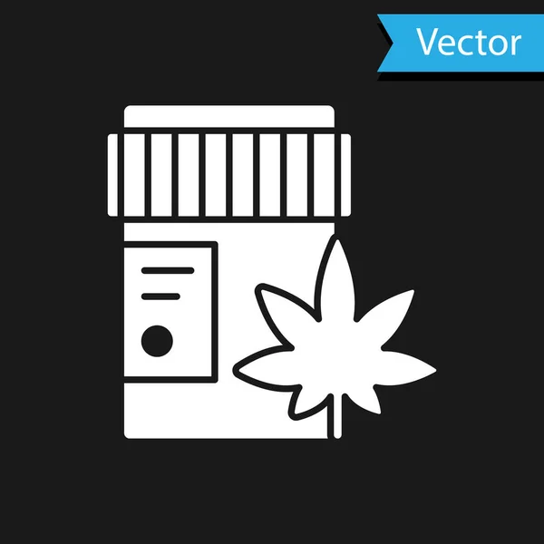 Белый Медицинский Флакон Марихуаной Листья Конопли Значок Изолирован Черном Фоне — стоковый вектор