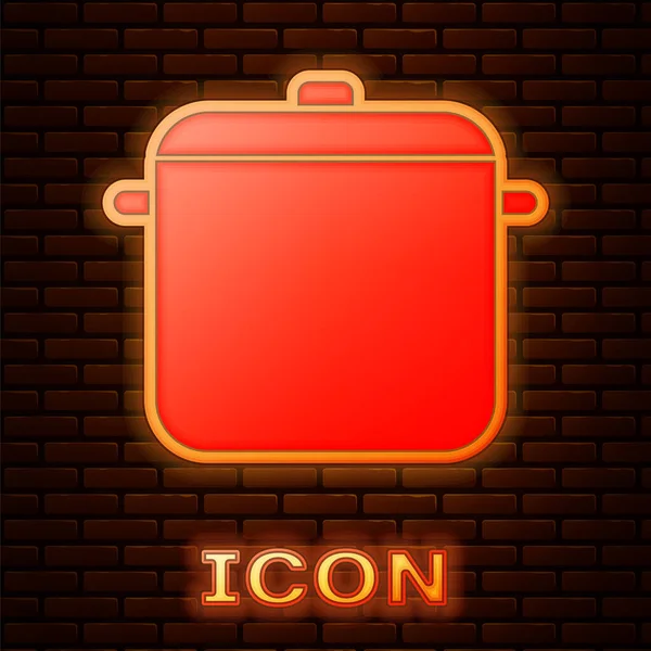 Icono Olla Cocina Neón Brillante Aislado Fondo Pared Ladrillo Hervir — Vector de stock