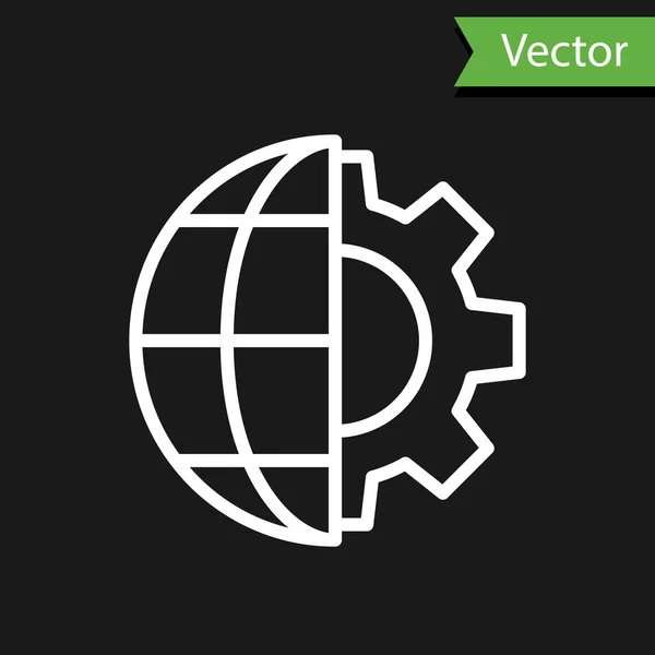 Witte Lijn Globe Van Aarde Tandwiel Tandwielpictogram Geïsoleerd Zwarte Achtergrond — Stockvector