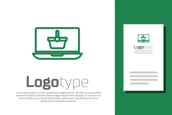 画面上の緑のラインショッピングバスケット白い背景に隔離されたノートパソコンのアイコン コンセプト電子商取引 電子ビジネス オンラインビジネスマーケティング ロゴデザインテンプレート要素 ベクターイラスト — ストックベクタ