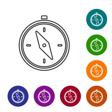 Siyah çizgi pusula simgesi beyaz arkaplanda izole edildi. Rüzgâr yön bulma sembolü. Rüzgar gül işareti. Simgeleri renk daire düğmelerine ayarla. Vektör İllüstrasyonu