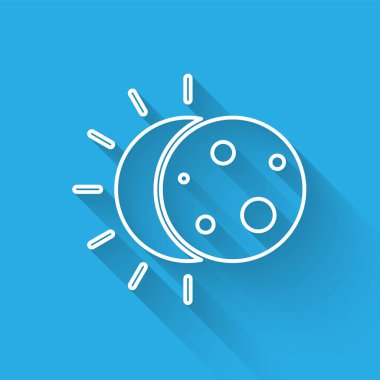 Güneş tutulmasının beyaz çizgi simgesi uzun gölgelerle izole edilmiş. Tam sonar tutulması. Vektör İllüstrasyonu