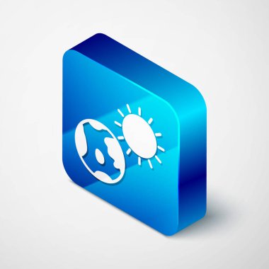 Isometric Earth Globe ve güneş ikonu gri arka planda izole edildi. Dünya ya da Dünya işareti. Küresel internet sembolü. Geometrik şekiller. Mavi kare düğme. Vektör İllüstrasyonu