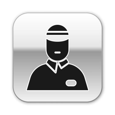 Siyah Satıcı simgesi beyaz arkaplanda izole edildi. Gümüş kare düğme. Vektör İllüstrasyonu