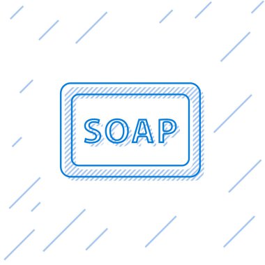 Beyaz zemin üzerinde köpük simgesi olan mavi çizgi sabun çubuğu. Köpüklü sabun çubuğu. Vektör İllüstrasyonu