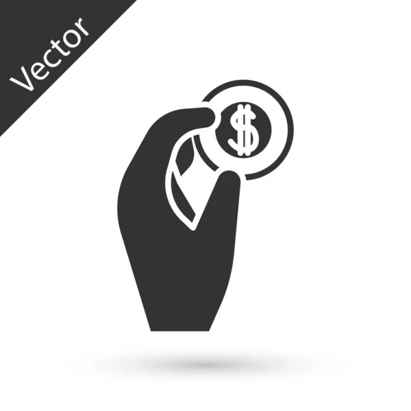 Grijze Hand Houden Munt Geld Pictogram Geïsoleerd Witte Achtergrond Dollar — Stockvector